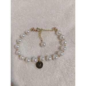Gold‎ Tone Pearl Bracelet with V Charm